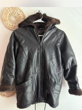 Women’s Black Leather Hooded Coat with Fur Trim